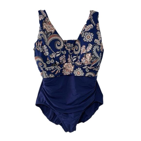Lands End One Piece Swimsuit Women Plus Size 16W Blue Paisley Slimming NWOT - Picture 1 of 8